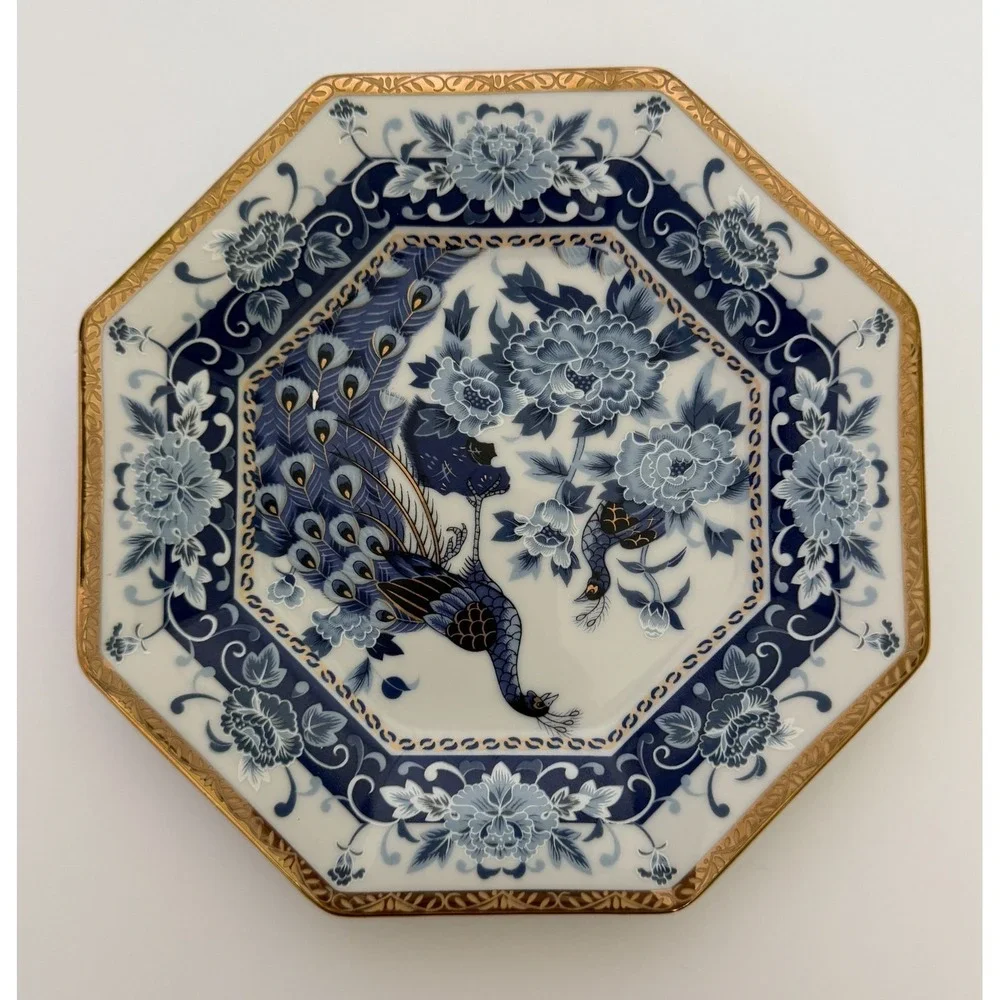 Vintage Eiwa Japan Peacock & Peony Raised Enamel Blue Octagon Plate Gold Trim 7½